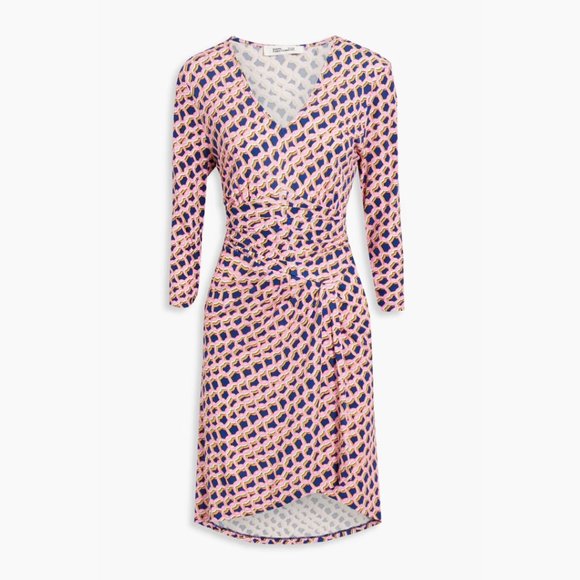 Diane Von Furstenberg Draco Wrap V-neck Dress Deep Blue Geometric Print Sz 2 - Picture 2 of 11